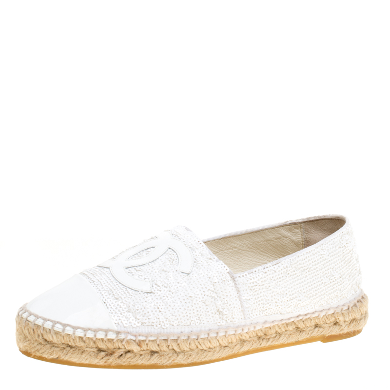 Chanel White Sequins and Patent Leather CC Espadrilles Size 38 Chanel ...