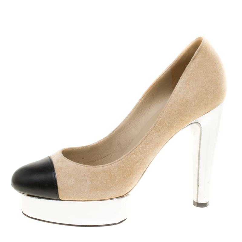 

Chanel Beige Suede and Black Leather Cap Toe Platform Pumps Size
