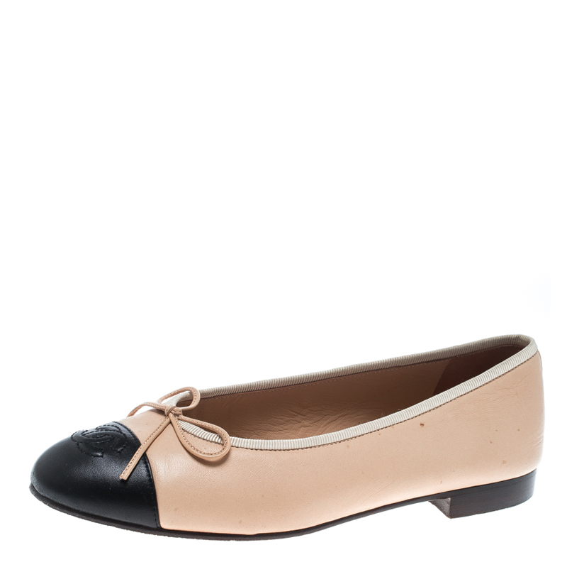 Chanel Two Tone Leather CC Cap Toe Bow Ballet Flats Size 36.5