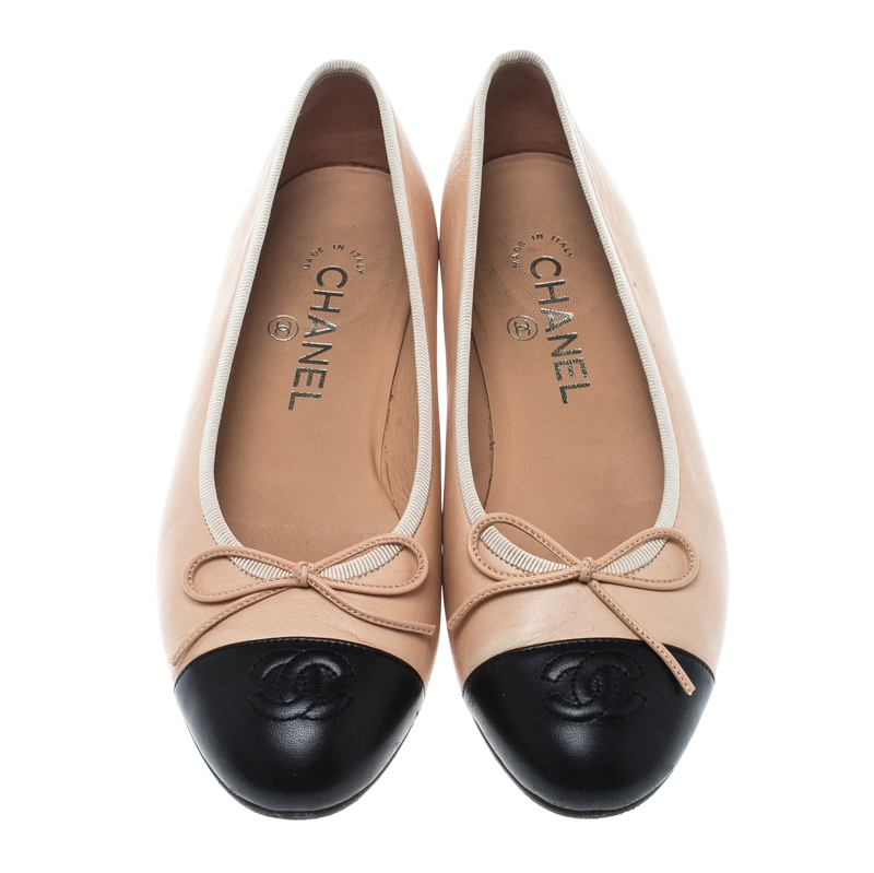 Chanel Two Tone Leather CC Cap Toe Bow Ballet Flats Size 36.5 Chanel TLC