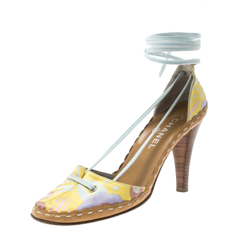 Chanel Multicolor Printed Fabric Ankle Wrap Sandals Size 39.5