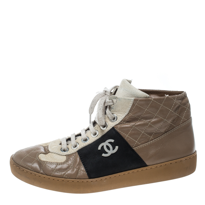 

Chanel Tricolor Quilted Leather CC High Top Sneakers Size, Beige