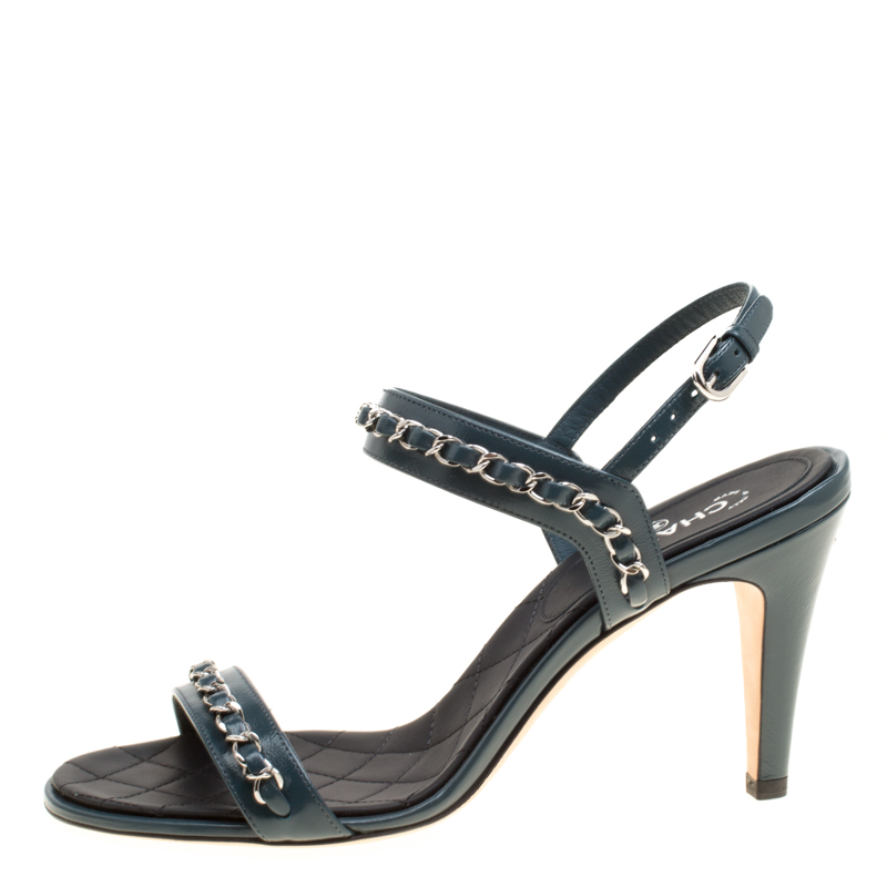 

Chanel Teal Blue Leather Chain Link Ankle Strap Sandals Size