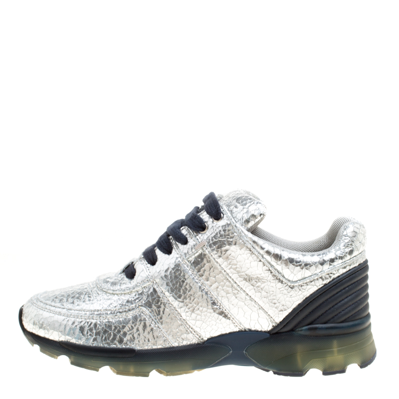 

Chanel Metallic Silver Cracked Leather CC Sneakers Size