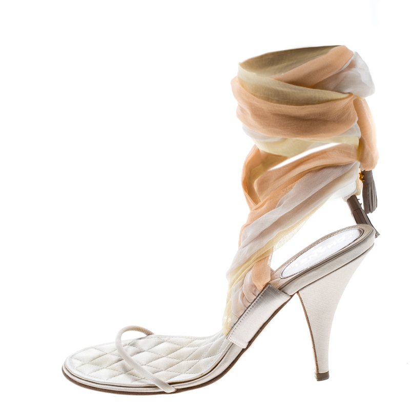 

Chanel Multicolor Satin and Silk Crepe Tie Up Sandals Size