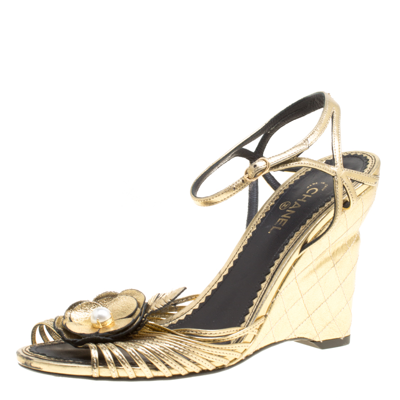 Pre Owned Chanel Gold Leather Camelia Wedge Sandals Size 38.5