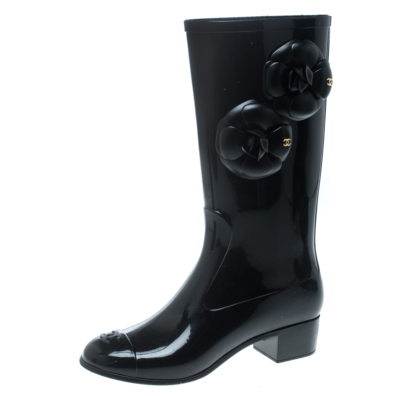 Chanel Black Rubber Camelia Rain Boots Size 35