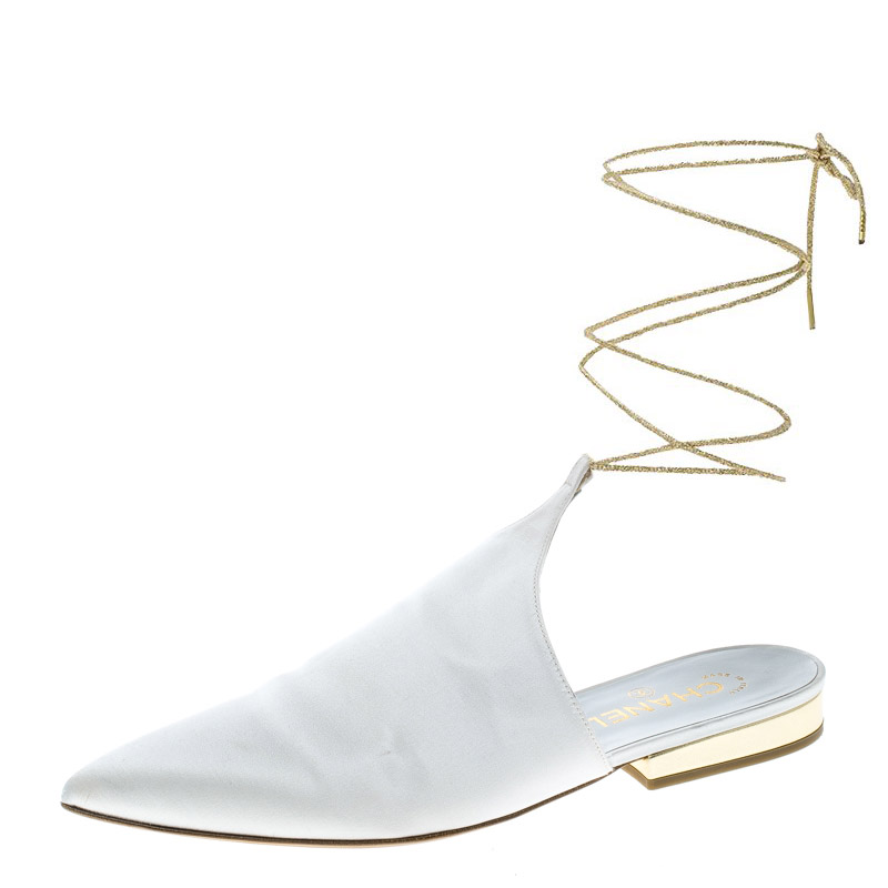 Chanel White Satin Pointed Toe Ankle Wrap Mules Size 39.5