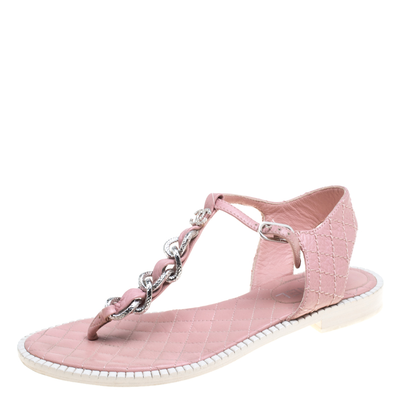 Chanel Powder Pink Leather Chain Detail CC Flat Thong Sandals Size 38.5