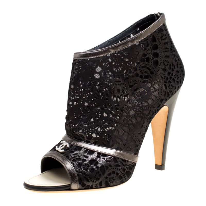 Chanel Black Shimmering Suede and Mesh Open Toe CC Ankle Boots Size 36.5