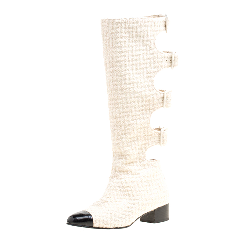 Chanel Off White Tweed Cutout Cap Toe Knee High Boots Size 37.5