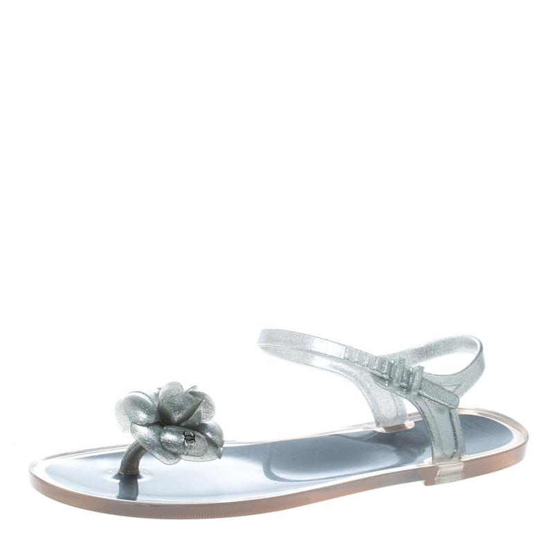 Chanel Grey/Silver Glitter Jelly Camellia CC Logo Sandals Size 40 Chanel