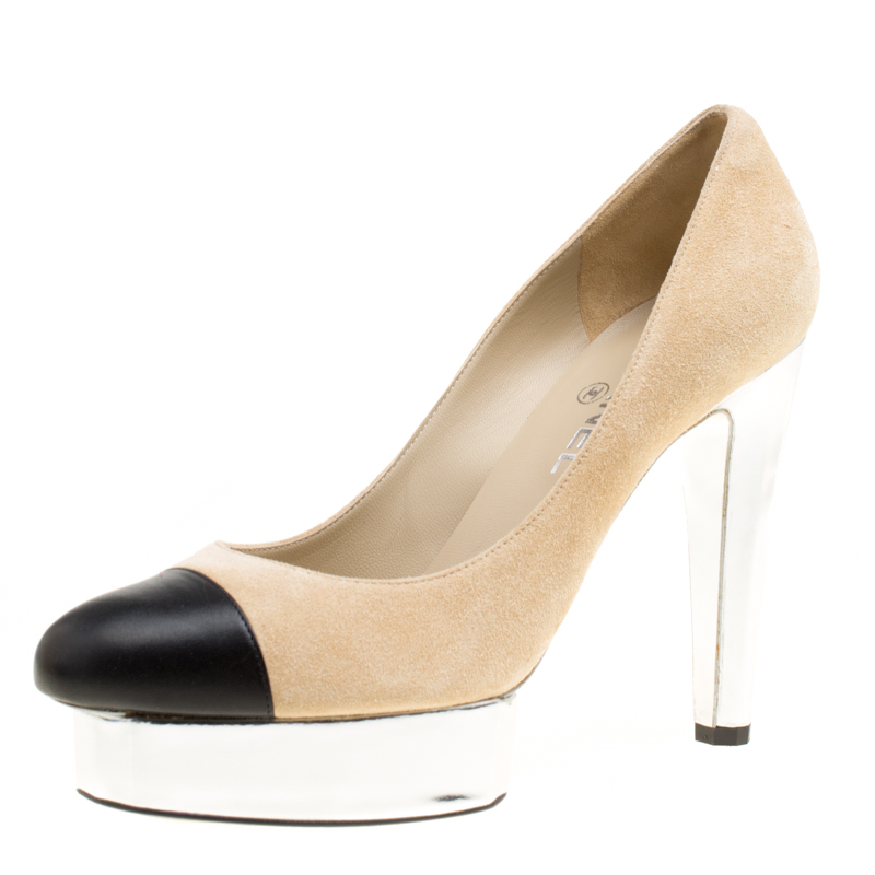 مملوكة مسبقًا حذاء كعب عالي شانيل نعل سميك غطاء مقدمة جلد وسويدي أسود مقاس 37.5