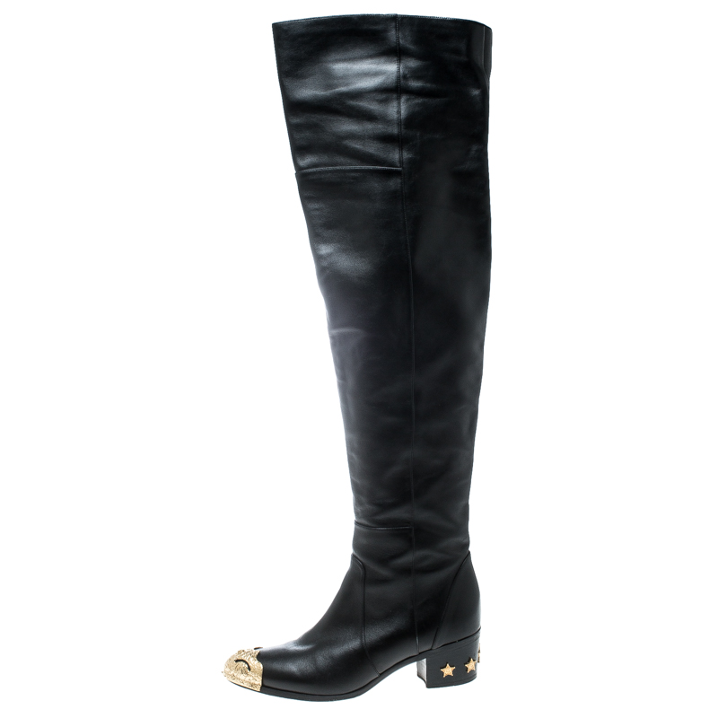 

Chanel Black Leather Paris Dallas Metal Cap Toe Thigh High Boots Size