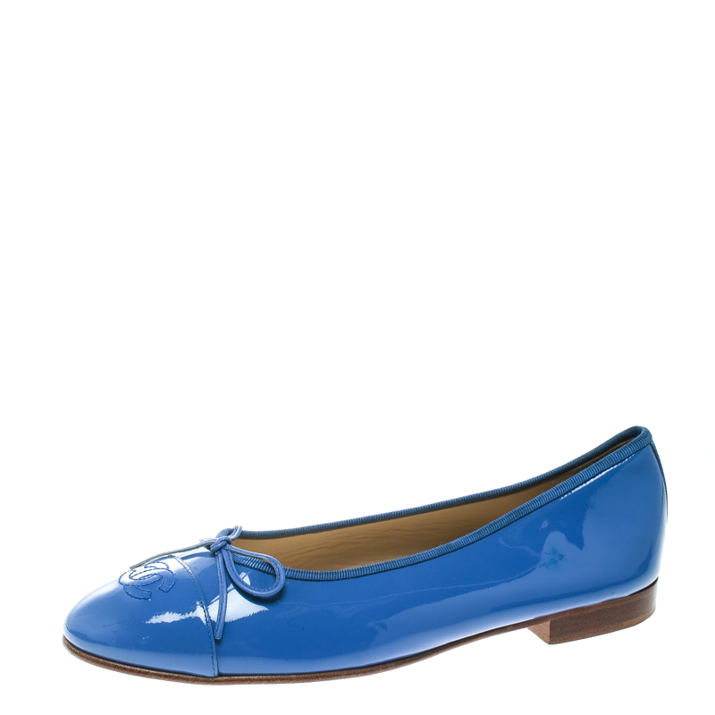  Chanel Blue Patent Leather CC Bow Ballet Flats Size 39