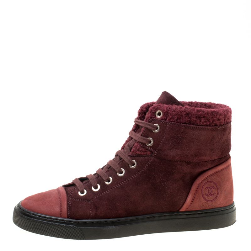 

Chanel Burgundy Suede With Wool Trim CC High Top Sneakers Size