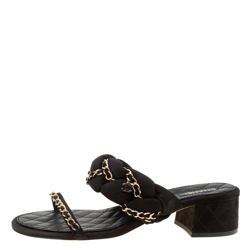 Chanel Black Suede Chain Embellished Flat Slide Sandals Size