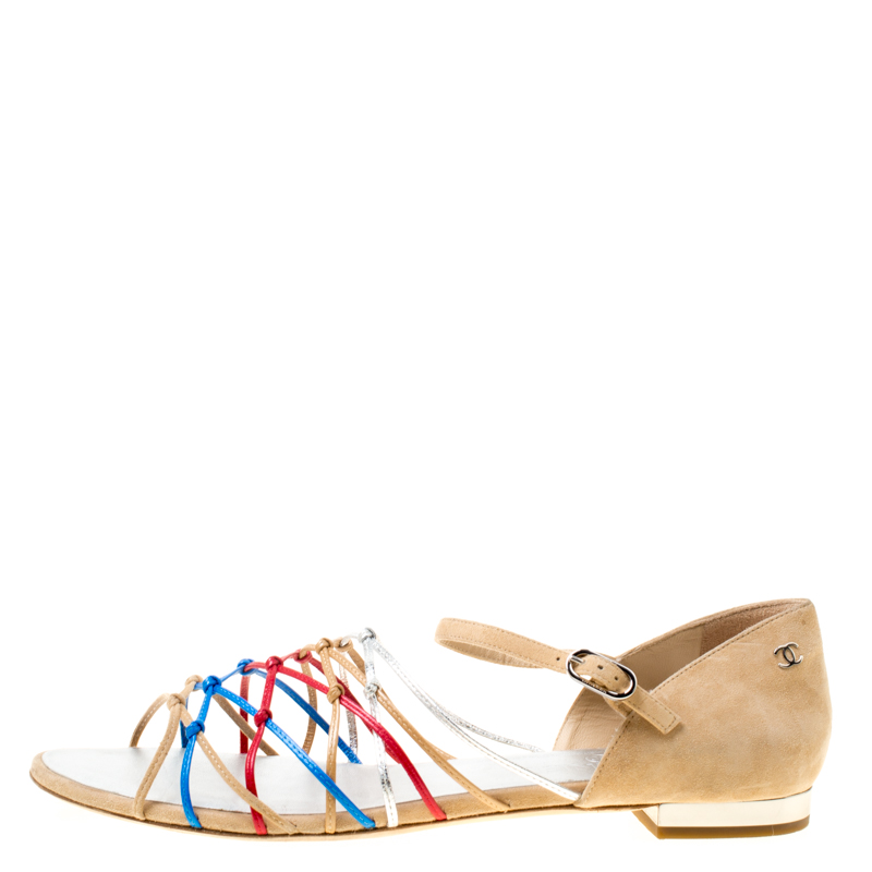 

Chanel Multicolor Leather and Suede Knot Detail Flat Sandals Size