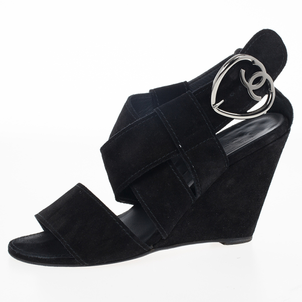 Pre Owned Chanel Black Suede Heart "CC" Buckle Wedge Sandals Size 38.5