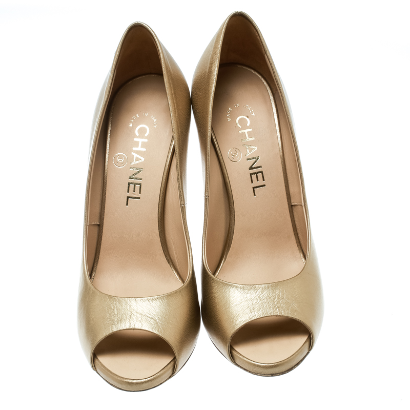 Chanel Gold Leather CC Pearl Embellished Heel Peep Toe Pumps Size 37 Chanel TLC