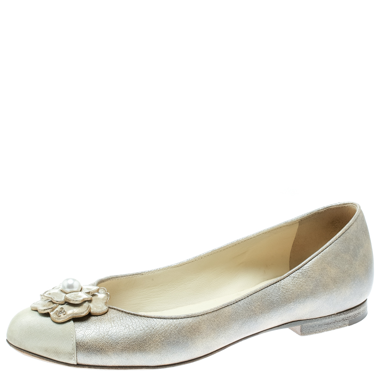 Chanel Beige Leather and Fabric Cap Toe Enamel Pearl Camellia Ballet ...