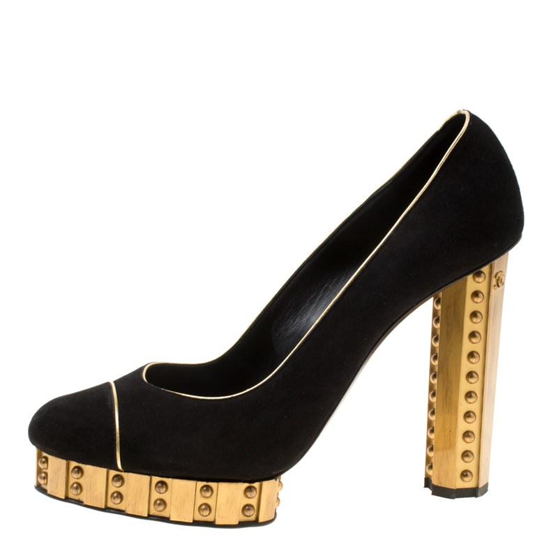 

Chanel Black Suede and Gold Platform Pumps Size
