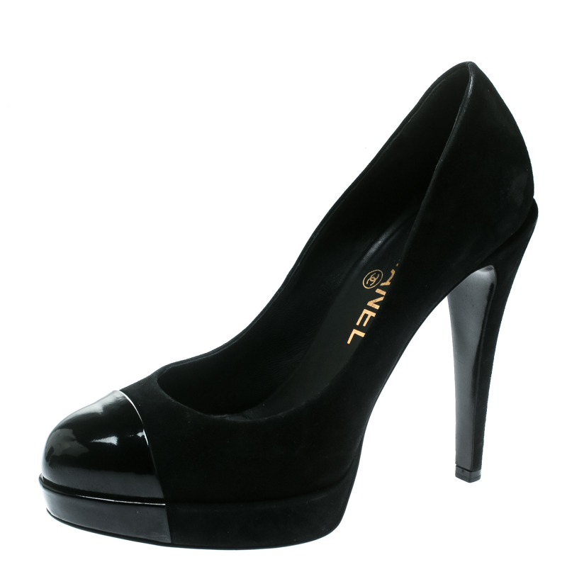 Pre Owned Chanel Black Suede and Black Patent Leather Cap Toe Platform Pumps Size 37