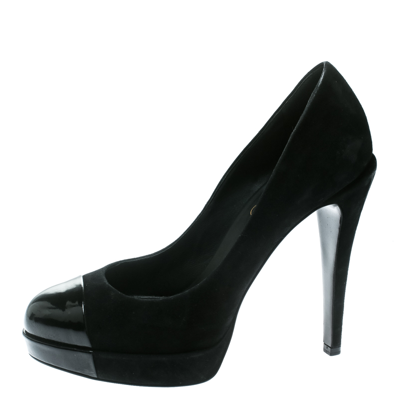 

Chanel Black Suede and Black Patent Leather Cap Toe Platform Pumps Size