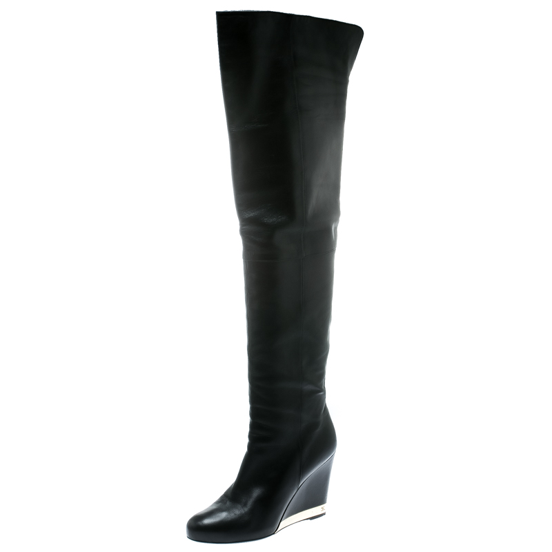Pre Owned Chanel Black Leather Wedge Heel Over The Knee Boots Size 39.5