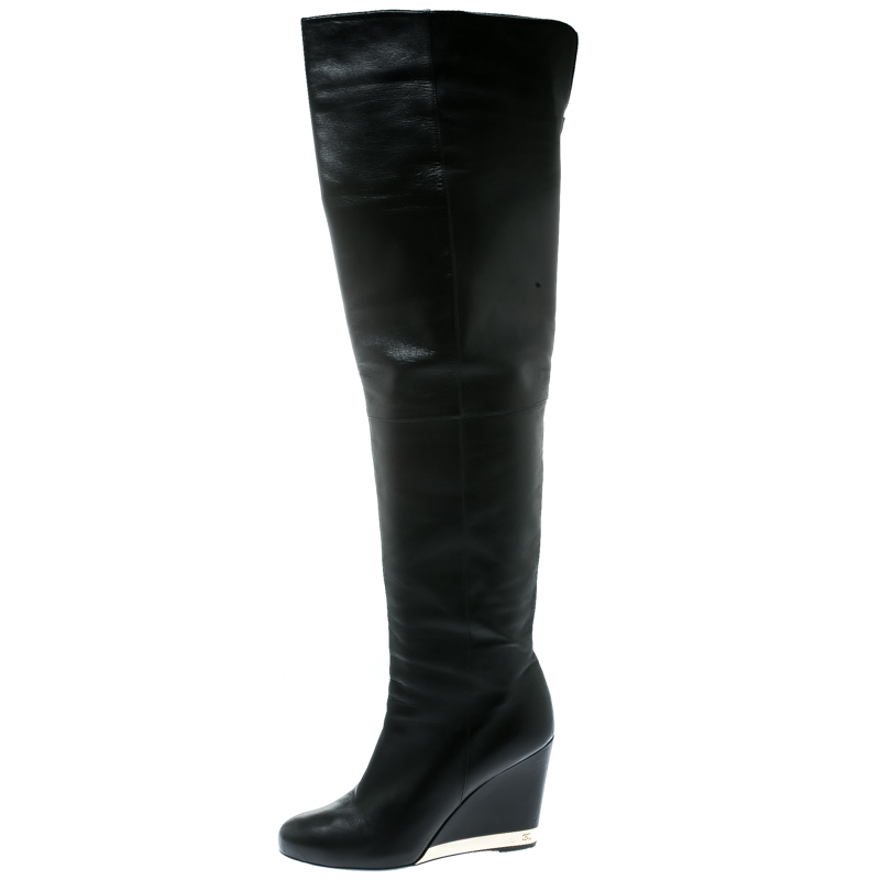

Chanel Black Leather Wedge Heel Over The Knee Boots Size