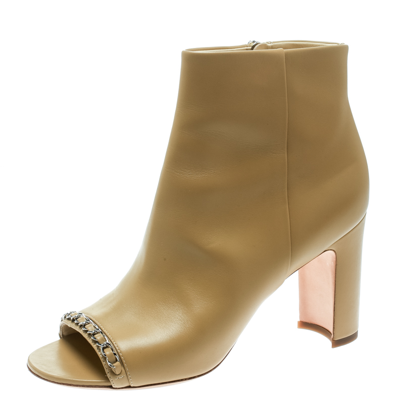 Chanel Beige Leather Open Toe CC Heel Ankle Booties Size 37.5
