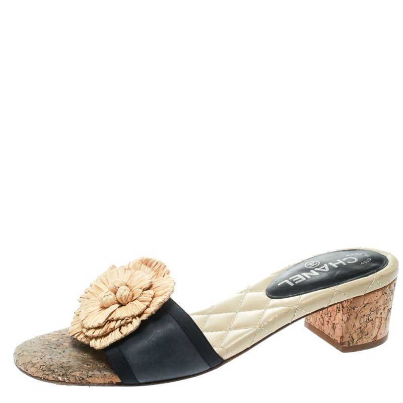 Chanel Black Leather Cork Heel Camellia Slides Size 39