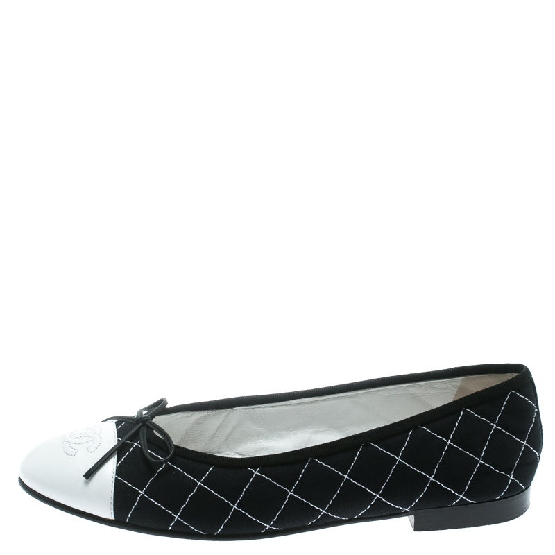 

Chanel Blue Quilted Canvas With White Leather CC Bow Cap Toe Ballet Flats Size