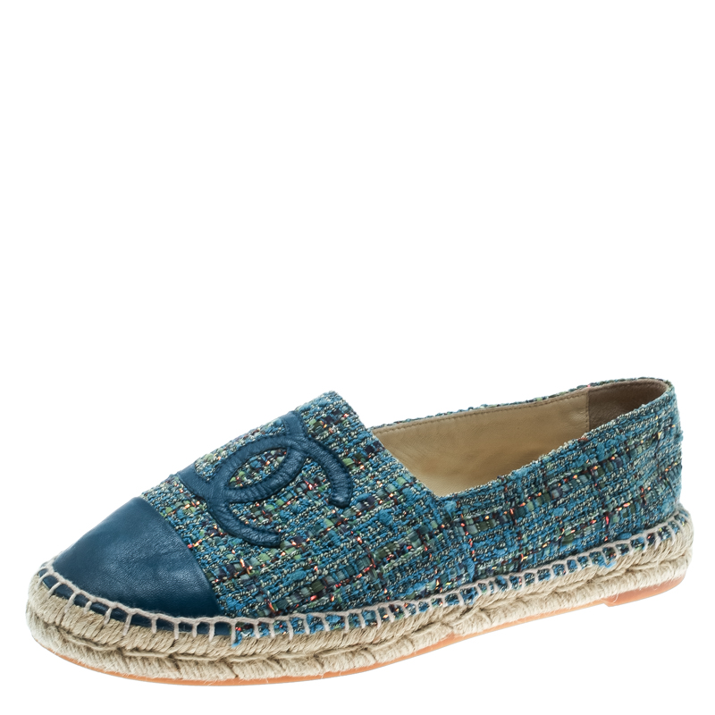 Pre Owned Chanel Blue Tweed With CC Leather Cap Toe Espadrilles Size 38