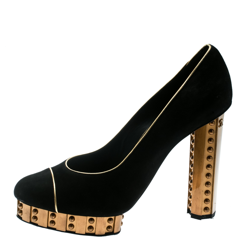 

Chanel Black Suede and Gold Platform Pumps Size