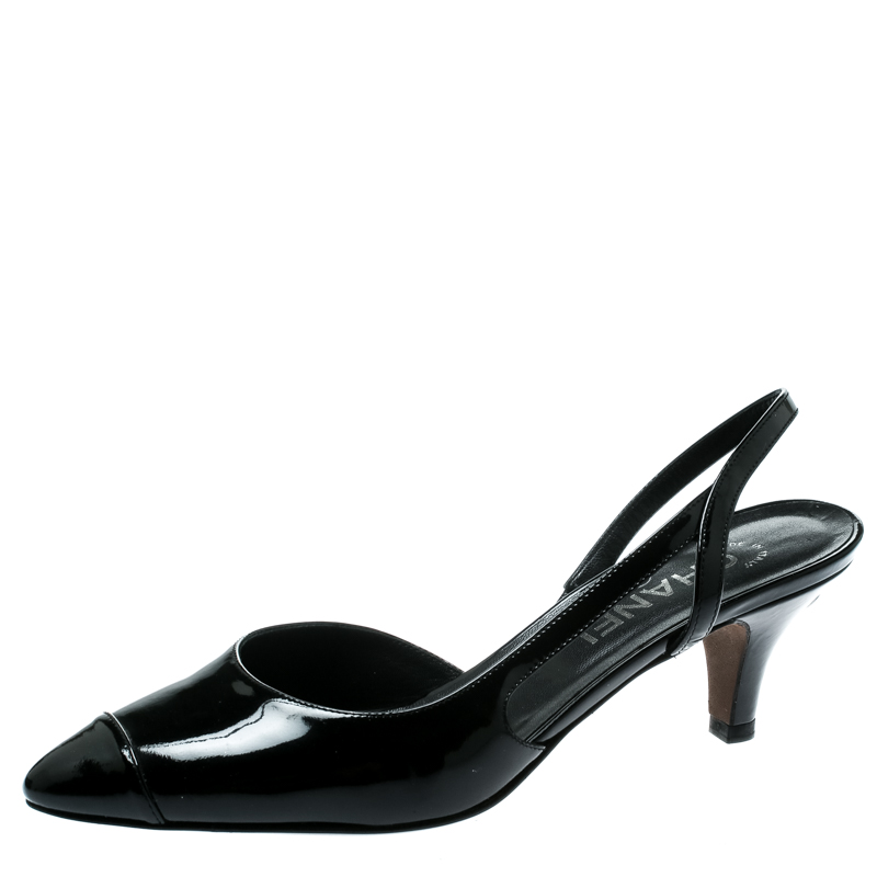 black patent leather slingback heels