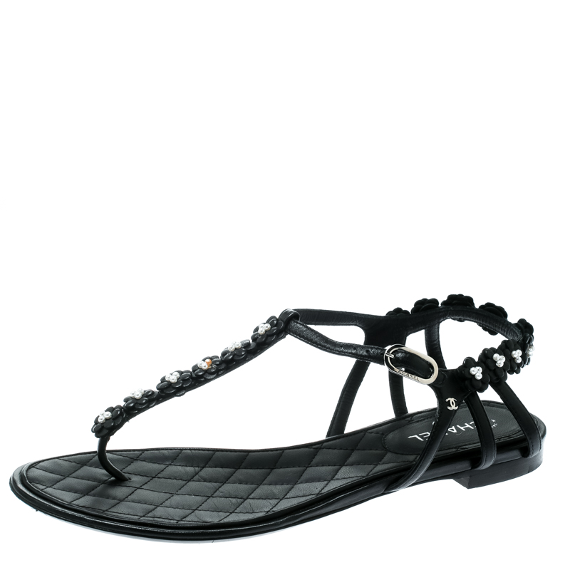 Pre Owned Chanel Black Leather Camellia T-Strap Flat Thong Sandals Size 38