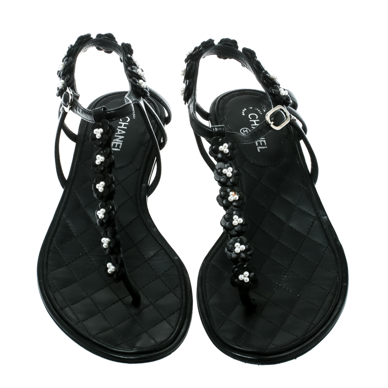 Chanel Black Leather Camellia T-Strap Flat Thong Sandals Size 38 Chanel ...