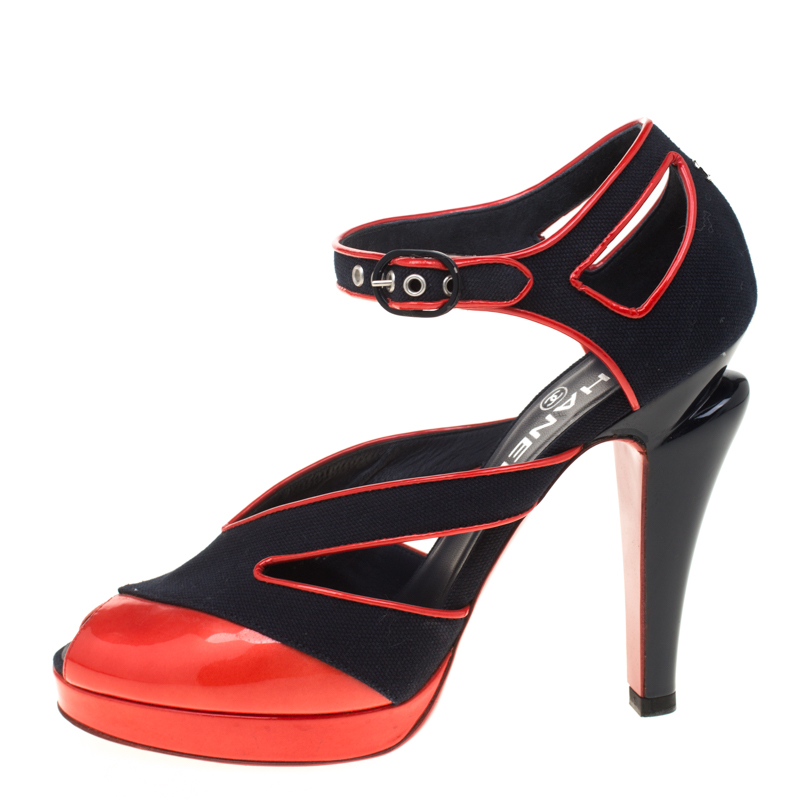 

Chanel Black Canvas And Red Patent Leather Cut Out Peep Toe Ankle Strap Sandals Size
