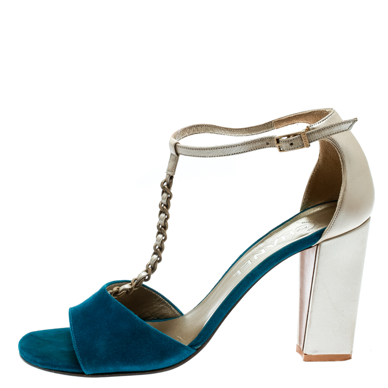 

Chanel Beige Leather With Blue Suede T Strap Block Heel Sandals Size