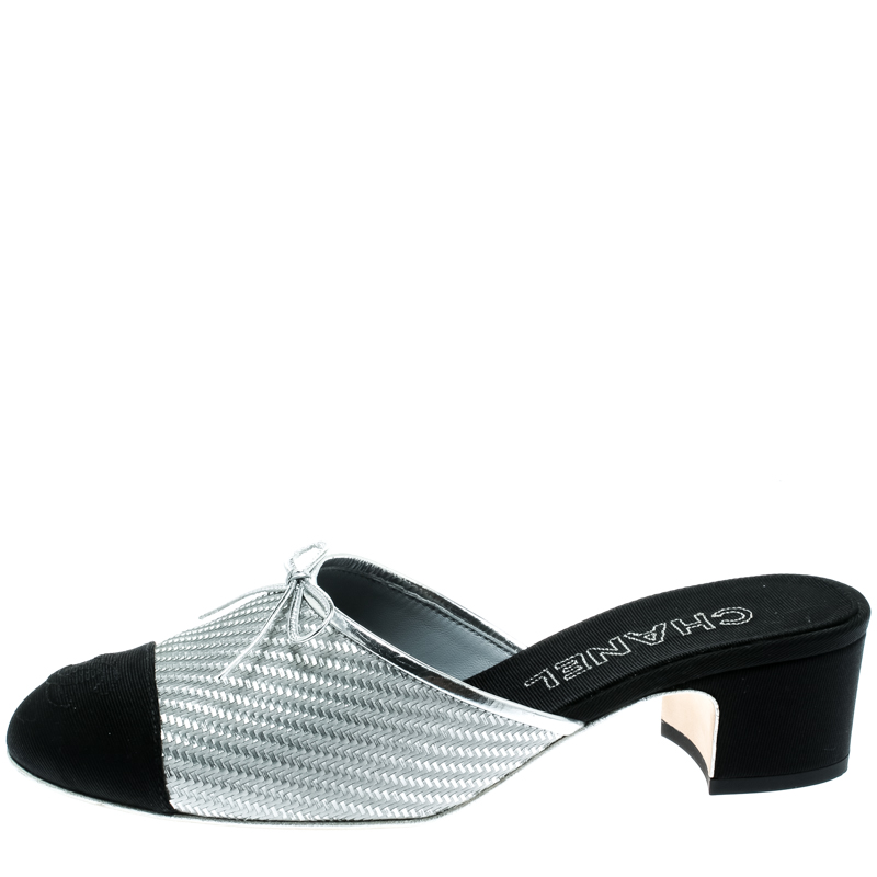 

Chanel Black/Metallic Silver CC Mules Size