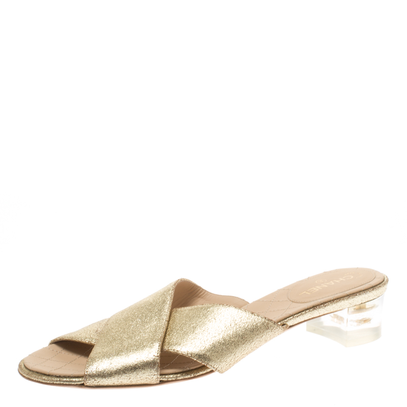 Pre Owned Chanel Metallic Gold Leather Cross Strap Mule Slides Size 37