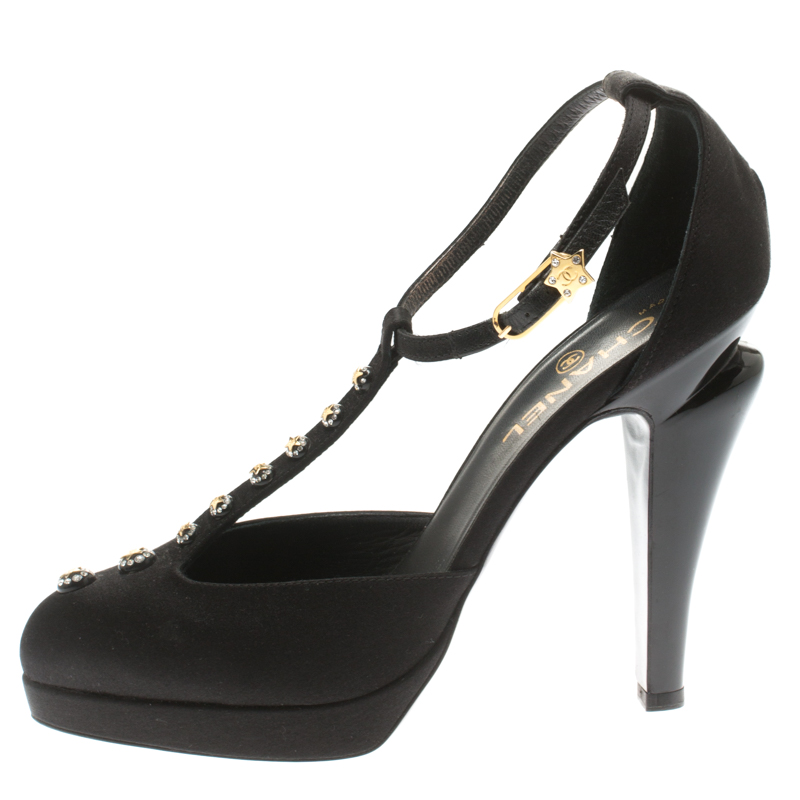 

Chanel Black Satin Studded T-Strap Mary Jane Pumps Size