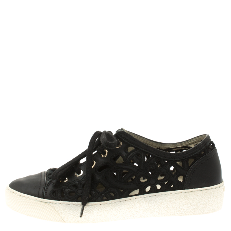

Chanel Black Flower Cutout Leather Sneakers Size