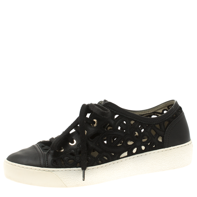 Chanel Black Flower Cutout Leather Sneakers Size 38.5
