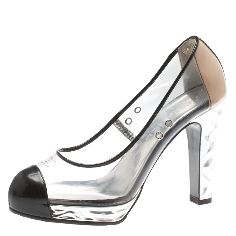Pre Owned Chanel PVC And Black Patent Leather CC Cap Toe Platform Pumps Size 36.5