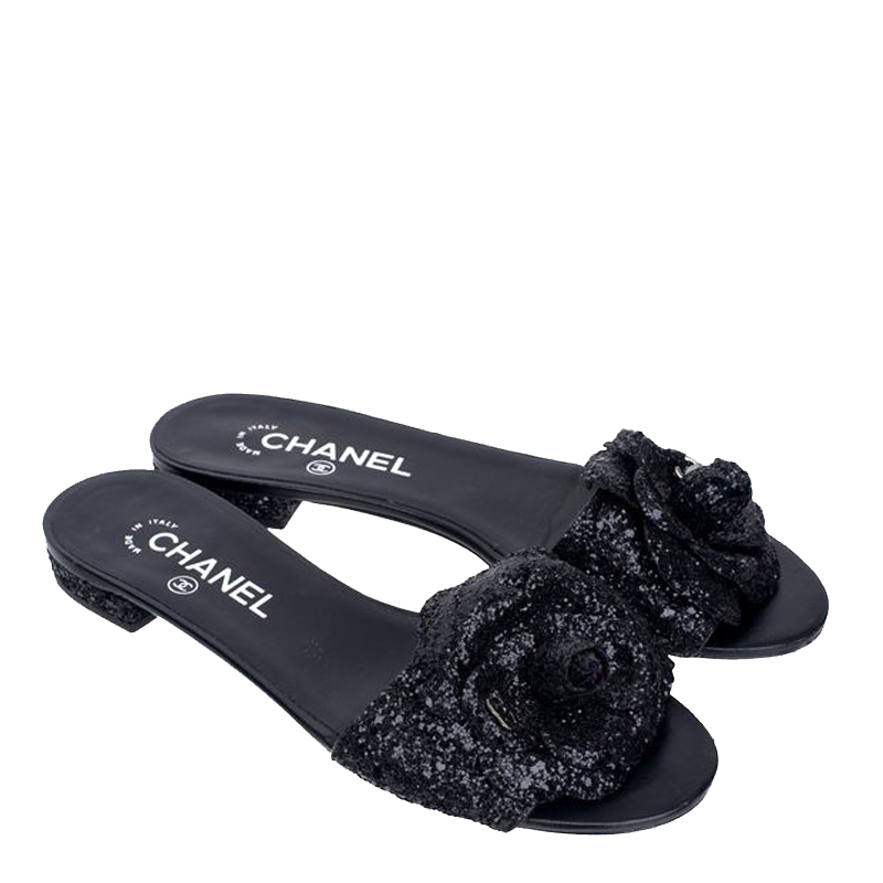 Pre-owned Chanel Black Sequin Canvas Crackle Camellia Flower Flats Size 38