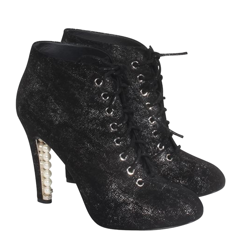 

Chanel Black Leather Ankle Lace Boots Size