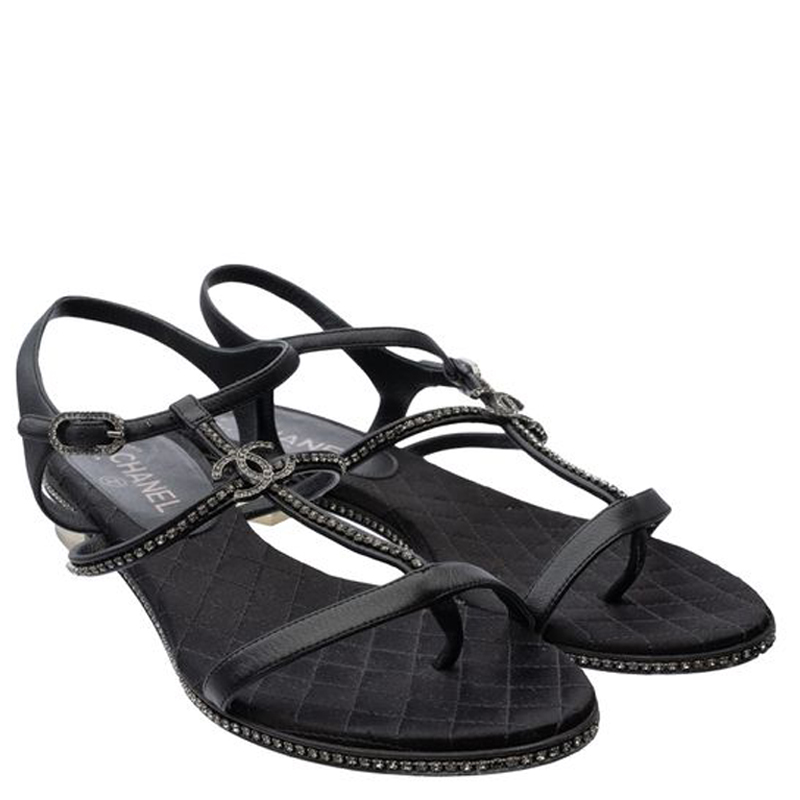 

Chanel Black Leather Embellished Diamente Sandals Size