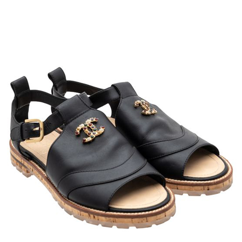 

Chanel Black Leather Roman Sandals Size